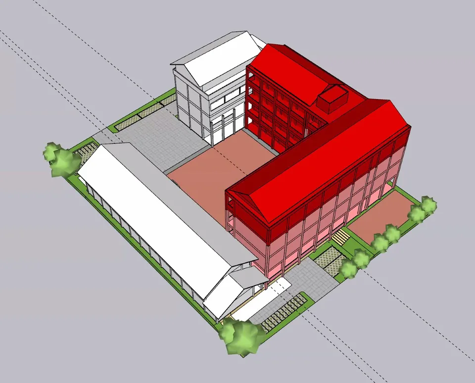 Original red and pink courtyard massing model