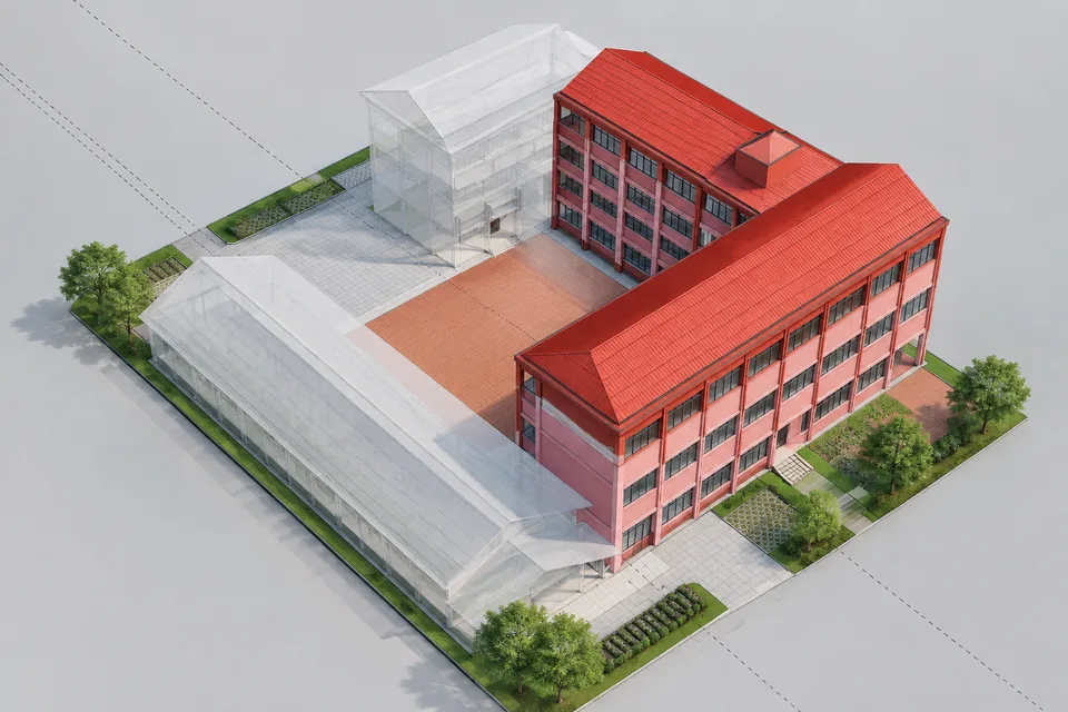 Red courtyard building emphasized beside a translucent context building