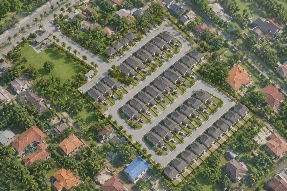 Nalarupa exploration of the same neighbourhood, with green open space toward the front and tree-lined streets