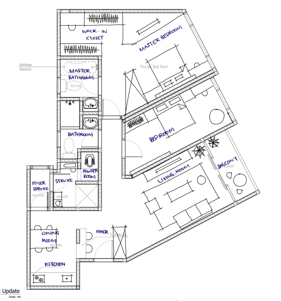 Annotated apartment plan used as a starting point for a design study