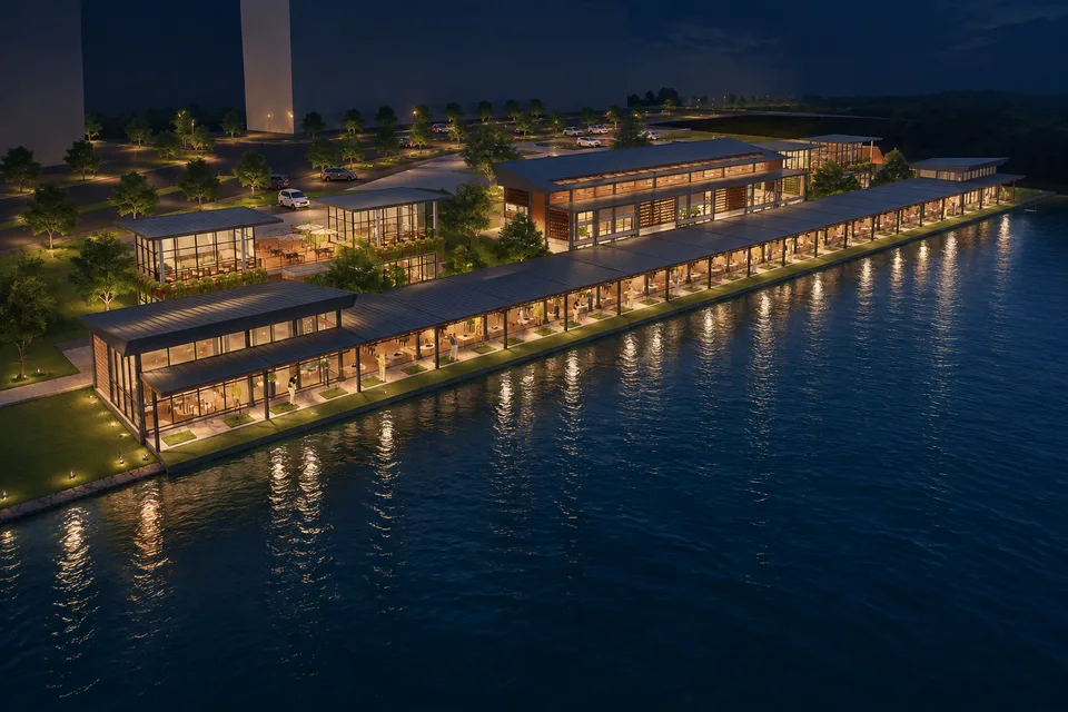 Waterfront proposal at night, with warm light along the promenade